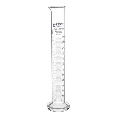Graduated Cylinder, 250ml - Class A Tolerance ±1.00ml - Round Base - Blue Graduations - Borosilicate 3.3 Glass - Eisco Labs in Saudi Arabia