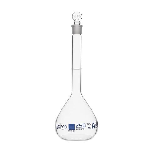 دورق حجمي، 25 مل - الفئة أ، ASTM - التسامح ±0.030 مل - سدادة زجاجية - مفرد، تخرج أزرق - Eisco Labs in Kuwait