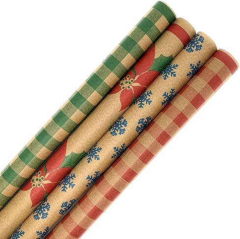 N. F. String & Son, Inc. Rustic Christmas Wrapping Paper & Gift Wrap, 4-Roll Set 40" x 9' Each, 120 sq.ft, 40lb Kraft, Recyclable (Holiday Variety Pack) in Saudi Arabia
