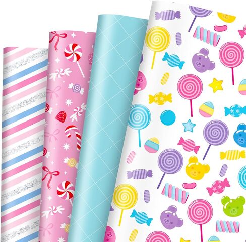 Whaline 12 Sheets Candyland Wrapping Paper - Not Roll - Colorful Sweet Candy Lollipop Plaid Stripe Gift Wrap Paper Folded Flat for DIY Crafts Christmas Birthday Party, 19.7 x 27.6 Inch in Saudi Arabia