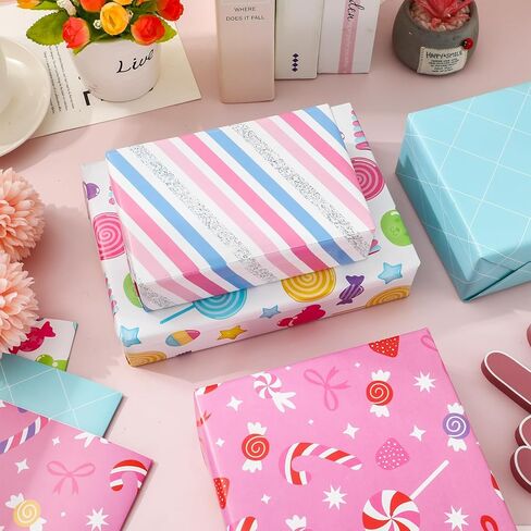 Whaline 12 Sheets Candyland Wrapping Paper - Not Roll - Colorful Sweet Candy Lollipop Plaid Stripe Gift Wrap Paper Folded Flat for DIY Crafts Christmas Birthday Party, 19.7 x 27.6 Inch in Saudi Arabia