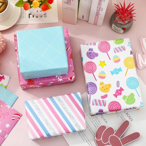 Whaline 12 Sheets Candyland Wrapping Paper - Not Roll - Colorful Sweet Candy Lollipop Plaid Stripe Gift Wrap Paper Folded Flat for DIY Crafts Christmas Birthday Party, 19.7 x 27.6 Inch in Saudi Arabia
