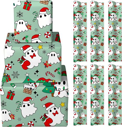 FYSUIMU 6 Sheets Christmas Ghost Wrapping Paper - Not Roll - Halloween Green Xmas Tree Candy Ghost Gift Wrap Paper Folded Flat for Xmas Winter Holiday DIY Crafts Decor, 19.7 x 27.6 Inch in Saudi Arabia