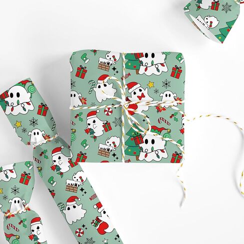 FYSUIMU 6 Sheets Christmas Ghost Wrapping Paper - Not Roll - Halloween Green Xmas Tree Candy Ghost Gift Wrap Paper Folded Flat for Xmas Winter Holiday DIY Crafts Decor, 19.7 x 27.6 Inch in Saudi Arabia