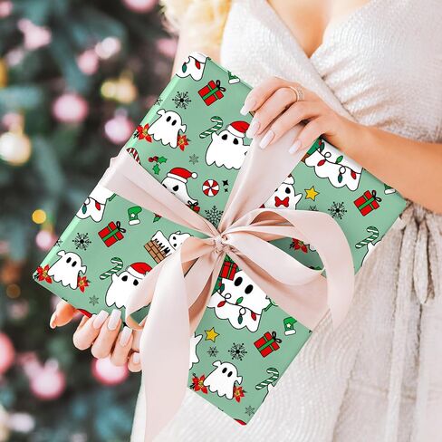 FYSUIMU 6 Sheets Christmas Ghost Wrapping Paper - Not Roll - Halloween Green Xmas Tree Candy Ghost Gift Wrap Paper Folded Flat for Xmas Winter Holiday DIY Crafts Decor, 19.7 x 27.6 Inch in Saudi Arabia