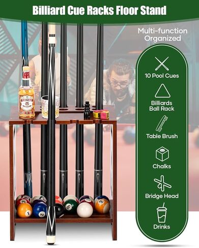 حامل عصا البلياردو - حامل عصا حمام السباحة على الأرض مع حامل مجداف بينج بونج - منظم عصا حمام السباحة من الخشب الصلب لـ 12 عصا وإكسسوارات تنس الطاولة (بني) in Saudi Arabia