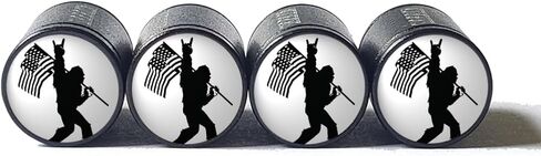 Bigfoot Sasquatch with American Flag (White Background) Tire Valve Caps - Black Aluminum - Set of Four in Saudi Arabia