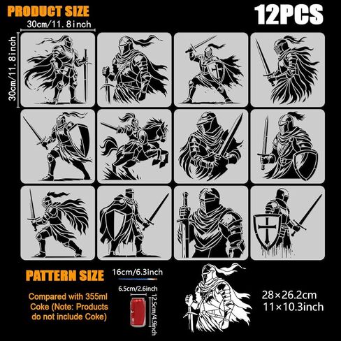 12 قطعة من استنسل الفارس للرسم مقاس 11.8 × 11.8 بوصة من فرسان العصور الوسطى استنسل قابل لإعادة الاستخدام لسيف الفارس والدرع قالب استنسل للرسم مع فرشاة للمشروعات الفنية اليدوية ذاتية الصنع in Kuwait
