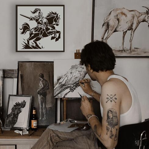 12 قطعة من استنسل الفارس للرسم مقاس 11.8 × 11.8 بوصة من فرسان العصور الوسطى استنسل قابل لإعادة الاستخدام لسيف الفارس والدرع قالب استنسل للرسم مع فرشاة للمشروعات الفنية اليدوية ذاتية الصنع in Kuwait
