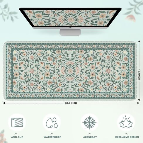 iLeadon Large Mouse Pad for Desks, Floral Pattern Mouse Pad for Keyboard, Smooth Computer Desk Mat, Non-Slip Rubber Base Green Desk Matt 35.4"x15.7" for Office Home (Green) in Saudi Arabia