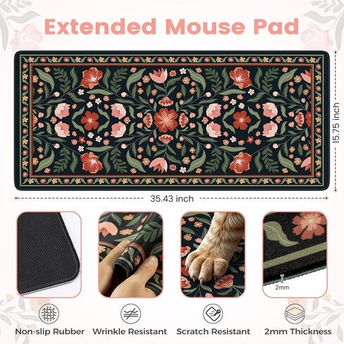 iLeadon Large Mouse Pad for Desks, Floral Pattern Mouse Pad for Keyboard, Smooth Computer Desk Mat, Non-Slip Rubber Base Green Desk Matt 35.4"x15.7" for Office Home (Green) in Kuwait