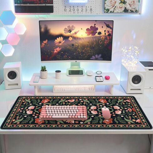iLeadon Large Mouse Pad for Desks, Floral Pattern Mouse Pad for Keyboard, Smooth Computer Desk Mat, Non-Slip Rubber Base Green Desk Matt 35.4"x15.7" for Office Home (Green) in Kuwait