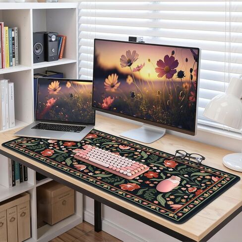 iLeadon Large Mouse Pad for Desks, Floral Pattern Mouse Pad for Keyboard, Smooth Computer Desk Mat, Non-Slip Rubber Base Green Desk Matt 35.4"x15.7" for Office Home (Green) in Kuwait