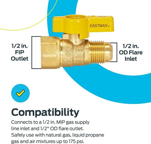 Eastman Brass Straight Gas Ball Valve Connector with Quarter-Turn Lever Handle, 1/2 Inch FIP x 3/8 Inch OD Tube, 60001 in Kuwait