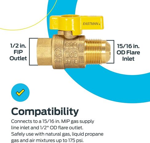Eastman Brass Straight Gas Ball Valve Connector with Quarter-Turn Lever Handle, 1/2 Inch FIP x 3/8 Inch OD Tube, 60001 in Kuwait