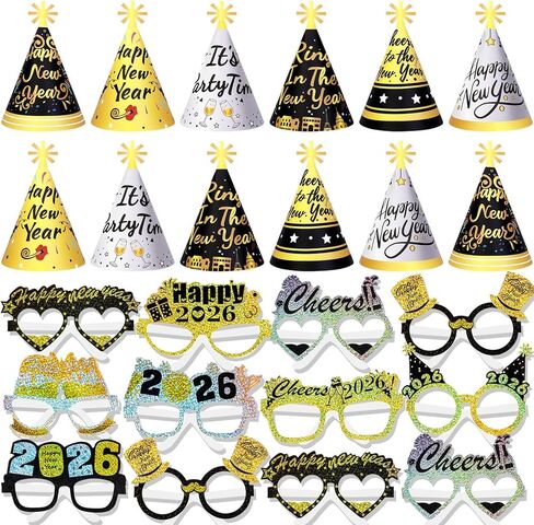 HOWAF رأس السنة الجديدة لوازم الحفلات 2026 NYE Party Favors Kit، 30pcs الذهب الأسود والفضة رأس السنة الجديدة القبعات المخروطية القبعات سنة جديدة سعيدة نظارات 2026 نظارات صور الدعائم لديكورات ليلة رأس السنة الجديدة 2026 in Saudi Arabia