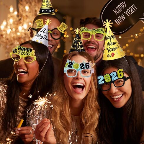 HOWAF رأس السنة الجديدة لوازم الحفلات 2026 NYE Party Favors Kit، 30pcs الذهب الأسود والفضة رأس السنة الجديدة القبعات المخروطية القبعات سنة جديدة سعيدة نظارات 2026 نظارات صور الدعائم لديكورات ليلة رأس السنة الجديدة 2026 in Saudi Arabia