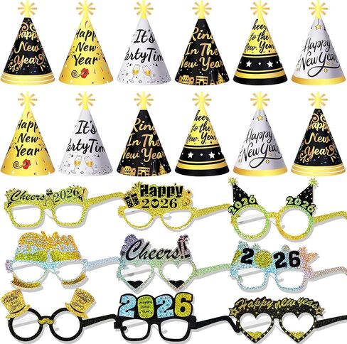 HOWAF رأس السنة الجديدة لوازم الحفلات 2026 NYE Party Favors Kit، 30pcs الذهب الأسود والفضة رأس السنة الجديدة القبعات المخروطية القبعات سنة جديدة سعيدة نظارات 2026 نظارات صور الدعائم لديكورات ليلة رأس السنة الجديدة 2026 in Saudi Arabia