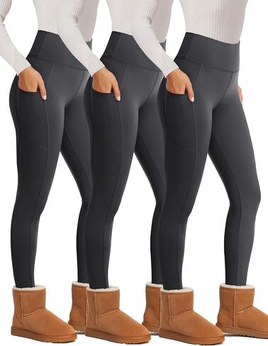 3 Pack Fleece Lined Leggings Women with Pockets - High Waisted Plus Size Winter Thermal Yoga Pants (S-5XL) in Saudi Arabia