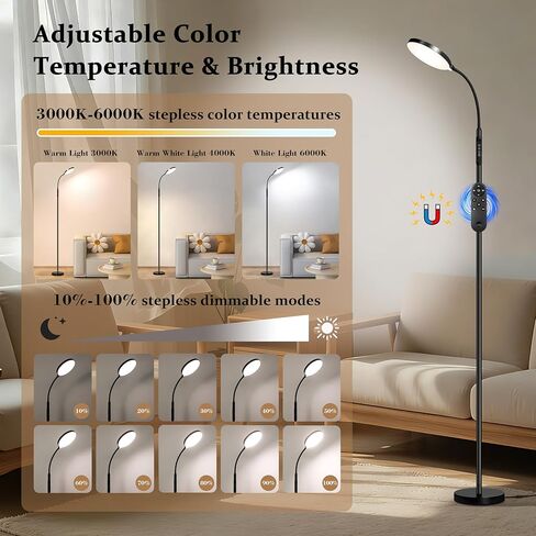 Floor Lamp for Indoor, 240 LEDs Eye Protection Lamp, Adjustable Height,Remote & Touch Control, Dimmable, Flexible Gooseneck with Stand, Reading Lamp for Living Room Bedroom Office, Black in Saudi Arabia