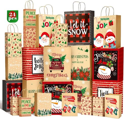 Christmas Gift Paper Bags Assorted Sizes, 24 Pack Holiday Paper Bags with Handles, 12 Assorted Designs in 4 Sizes – Reusable Gift Bag for Christmas Presents, Holiday Parties, Family, Kids & Office Use (Yellow) in Saudi Arabia