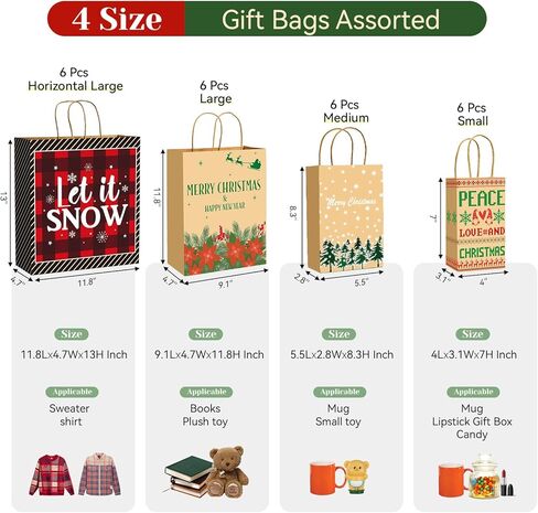 Christmas Gift Paper Bags Assorted Sizes, 24 Pack Holiday Paper Bags with Handles, 12 Assorted Designs in 4 Sizes – Reusable Gift Bag for Christmas Presents, Holiday Parties, Family, Kids & Office Use (Yellow) in Saudi Arabia