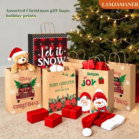 Christmas Gift Paper Bags Assorted Sizes, 24 Pack Holiday Paper Bags with Handles, 12 Assorted Designs in 4 Sizes – Reusable Gift Bag for Christmas Presents, Holiday Parties, Family, Kids & Office Use (Yellow) in Saudi Arabia