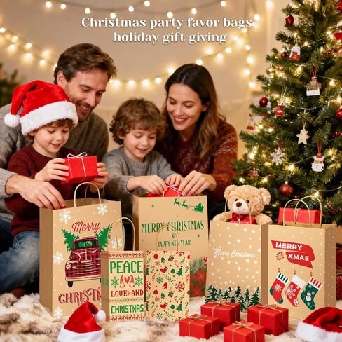 Christmas Gift Paper Bags Assorted Sizes, 24 Pack Holiday Paper Bags with Handles, 12 Assorted Designs in 4 Sizes – Reusable Gift Bag for Christmas Presents, Holiday Parties, Family, Kids & Office Use (Yellow) in Saudi Arabia