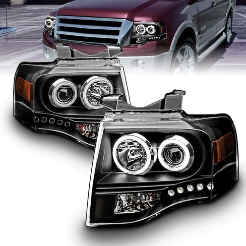 مصابيح أمامية لجهاز العرض AmeriLite Black Xtreme LED Halos لسيارة Ford Expedition 2007-2014 - جانب الركاب والسائق in Kuwait