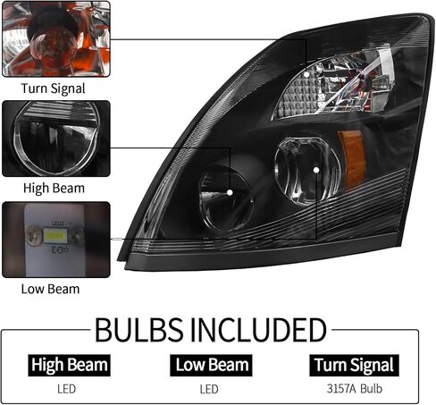 مجموعة المصابيح الأمامية LED تناسب 2004-2014 فولفو VNL، 2004-2015 فولفو VN، مصباح أمامي LED أسود عالي/منخفض الشعاع (زوج من مجموعة المصابيح الأمامية) in Saudi Arabia
