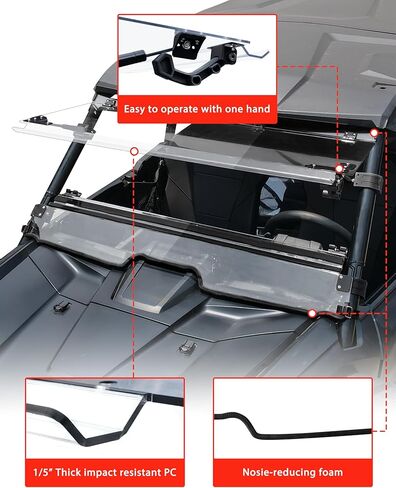 حاجب رياح قابل للطي 3 في 1 لسيارة Honda Talon 1000R 1000X 1000X-4 2019-2025، 1/5 بوصة زجاج أمامي مطلي بالصلب قابل للطي لأسفل، مفتوح / مهووس / مغلق، فيديو التثبيت، 3 قطع in Kuwait