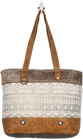 Myra Bag Tribal Stripe Front Pocket Upcycled Canvas & Cowhide Leather Shoulder Bag S-1232, Brown, One Size in Kuwait