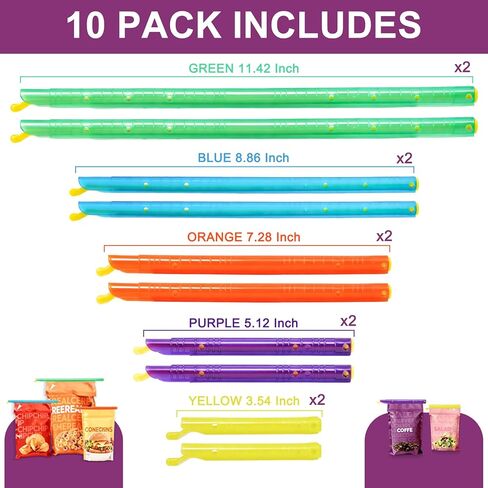Bag Sealer Clip, 10 Pack Food Clips, Durable and Reusable Chip Clips Seal Food Bags Air Tight, Set includes:11.42" Green, 8.86" Blue, 7.28" Orange, 5.12" Purple, 3.54" Yellow in Saudi Arabia