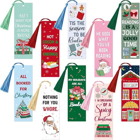 10Pcs Christmas Bookmarks with Tassel for Reading Reader Gift, Funny Book Marks for Women Men Cozy Paper Bookmark Page Makers for Students Teachers Bookworm Bookish Book Club Xmas Gift for Book Lovers in Saudi Arabia