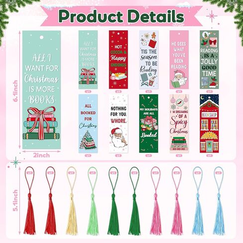 10Pcs Christmas Bookmarks with Tassel for Reading Reader Gift, Funny Book Marks for Women Men Cozy Paper Bookmark Page Makers for Students Teachers Bookworm Bookish Book Club Xmas Gift for Book Lovers in Saudi Arabia
