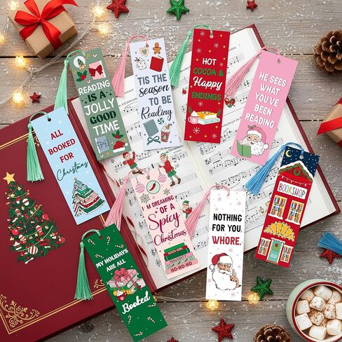 10Pcs Christmas Bookmarks with Tassel for Reading Reader Gift, Funny Book Marks for Women Men Cozy Paper Bookmark Page Makers for Students Teachers Bookworm Bookish Book Club Xmas Gift for Book Lovers in Saudi Arabia