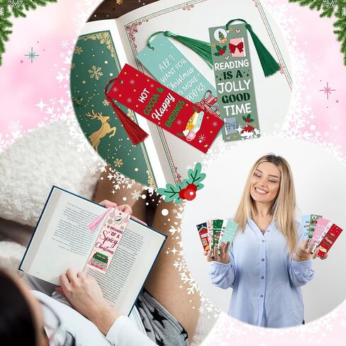 10Pcs Christmas Bookmarks with Tassel for Reading Reader Gift, Funny Book Marks for Women Men Cozy Paper Bookmark Page Makers for Students Teachers Bookworm Bookish Book Club Xmas Gift for Book Lovers in Saudi Arabia