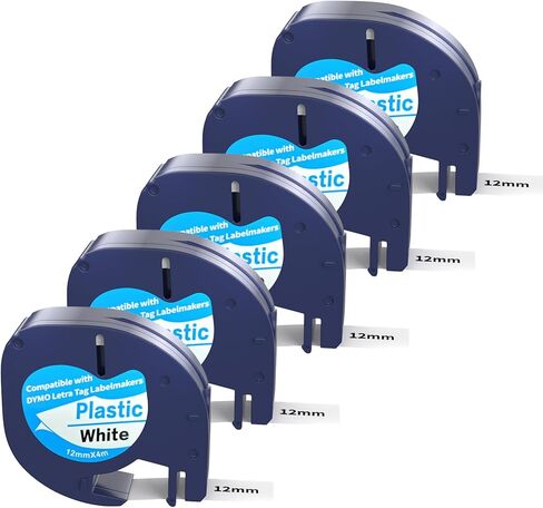 5 عبوات من عبوات صانع الملصقات dymo المتوافقة مع صانع الملصقات DYMO LetraTag 91331 شريط بلاستيكي أبيض 12 مم × 4 متر (1/2 بوصة × 13 بوصة) لملصق Letra Tag 200B LT 100H 100T Plus in Saudi Arabia
