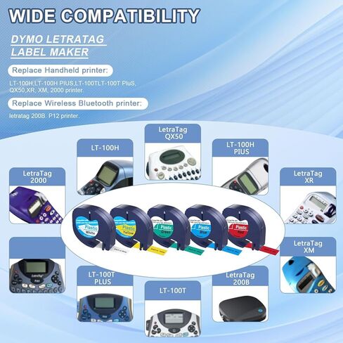 5 عبوات من عبوات صانع الملصقات dymo المتوافقة مع صانع الملصقات DYMO LetraTag 91331 شريط بلاستيكي أبيض 12 مم × 4 متر (1/2 بوصة × 13 بوصة) لملصق Letra Tag 200B LT 100H 100T Plus in Saudi Arabia