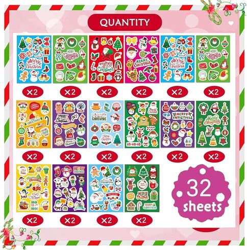 32 Sheets Christmas Stickers for Kids Xmas Holiday Stickers for Kids Classroom Cute Christmas Sticker Bulk Party Favors Crafts Supplies in Saudi Arabia
