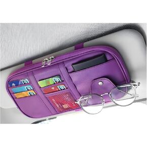 Car Sun Visor Organizer, Multi-Pocket Visor Storage Pouch Sunglasses Holder with Net Zippers, PU Leather Sunvisor Storage Bag with Elastic Band for Driving License Card Pen (Purple) in Saudi Arabia