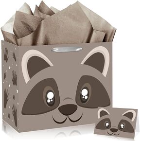 JORHANCE Raccoon Gift Bags with Tissue Paper and Birthday Card - Large Gift Bag for Raccoon Birthday Decorations, Woodland Animal Theme Party Supplies, Raccoon Wrapping Paper in Saudi Arabia
