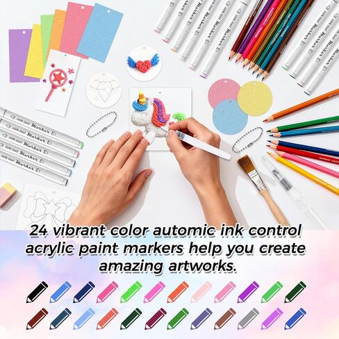 YUANNA 95 قطعة من مجموعة طلاء الملمس الإسفنجي السحري، مجموعات طلاء سحرية منتفخة ثلاثية الأبعاد مع 24 قلم طلاء أكريليك و45 قطعة من ورق الملمس الرغوي... لوازم رسم الفقاعات التي يمكنك صنعها بنفسك in Kuwait