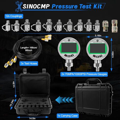 مجموعة قياس الضغط الرقمي SINOCMP مع 2 مقاييس ضغط 80MPA/12000PSI و3 خراطيم اختبار و12 وصلة، مجموعة أدوات قياس ضغط الماء بالغاز الهيدروليكي لآلات بناء الحفارات in Kuwait