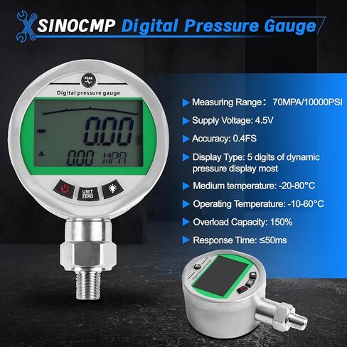 مجموعة قياس الضغط الرقمي SINOCMP مع 2 مقاييس ضغط 80MPA/12000PSI و3 خراطيم اختبار و12 وصلة، مجموعة أدوات قياس ضغط الماء بالغاز الهيدروليكي لآلات بناء الحفارات in Kuwait