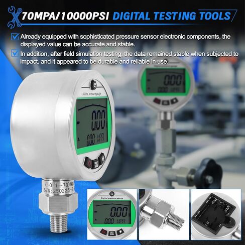 مجموعة قياس الضغط الرقمي SINOCMP مع 2 مقاييس ضغط 80MPA/12000PSI و3 خراطيم اختبار و12 وصلة، مجموعة أدوات قياس ضغط الماء بالغاز الهيدروليكي لآلات بناء الحفارات in Kuwait
