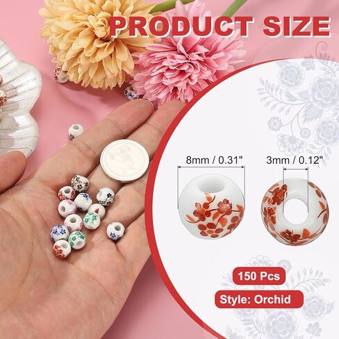 PATIKIL 150 Pcs Ceramic Beads for Jewelry Making, 8mm Flower Printed Round Porcelain Beads Handmade Glazing Beading Supplies for Earring Necklace Bracelets DIY Crafts, Red Orchid in Saudi Arabia
