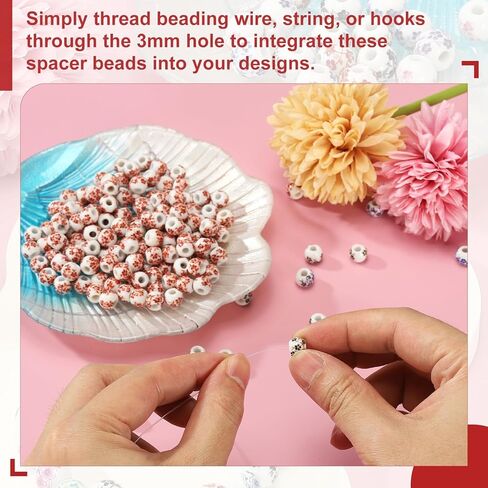 PATIKIL 150 Pcs Ceramic Beads for Jewelry Making, 8mm Flower Printed Round Porcelain Beads Handmade Glazing Beading Supplies for Earring Necklace Bracelets DIY Crafts, Red Orchid in Saudi Arabia