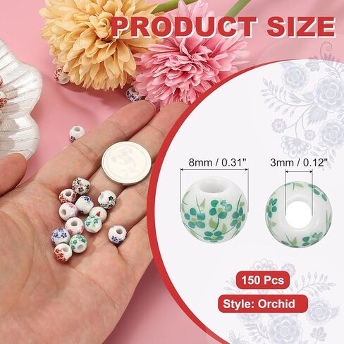 PATIKIL 150 Pcs Ceramic Beads for Jewelry Making, 8mm Flower Printed Round Porcelain Beads Handmade Glazing Beading Supplies for Earring Necklace Bracelets DIY Crafts, Red Orchid in Saudi Arabia