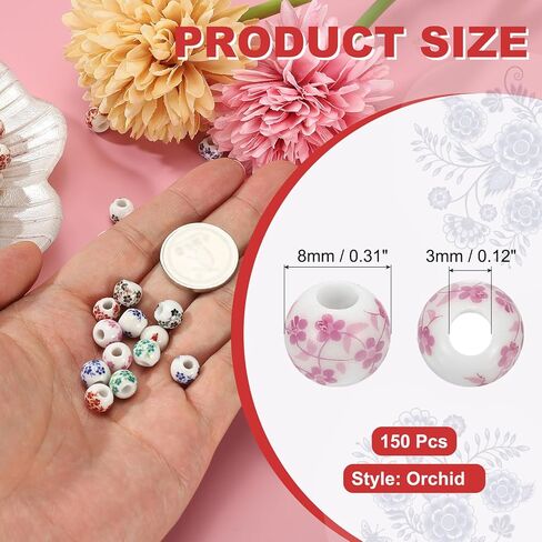 PATIKIL 150 Pcs Ceramic Beads for Jewelry Making, 8mm Flower Printed Round Porcelain Beads Handmade Glazing Beading Supplies for Earring Necklace Bracelets DIY Crafts, Red Orchid in Saudi Arabia